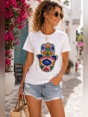 Over Apparel Embellished Hamsa Eye Graphic Tee Small Boho Ibiza Luxe Festival